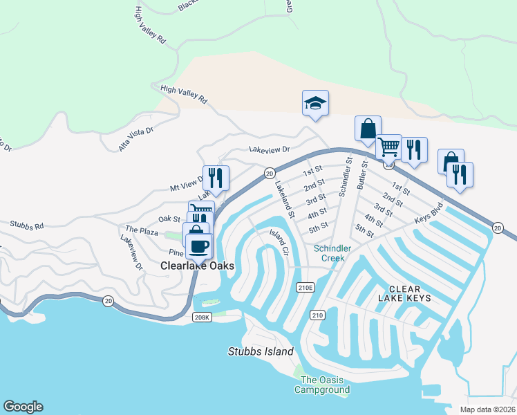 map of restaurants, bars, coffee shops, grocery stores, and more near 12742 Shoreview Drive in Clearlake Oaks