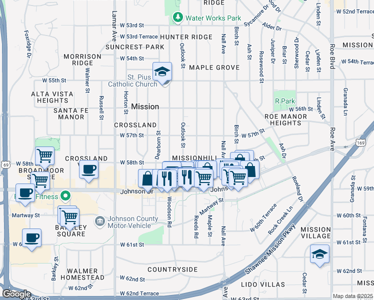 map of restaurants, bars, coffee shops, grocery stores, and more near 5704 Reeds Road in Mission