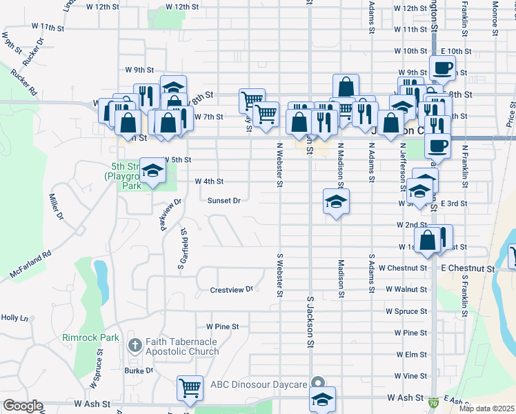 map of restaurants, bars, coffee shops, grocery stores, and more near 111 Sunset Drive in Junction City