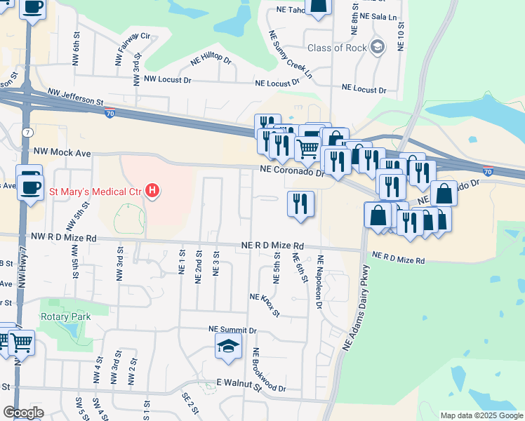 map of restaurants, bars, coffee shops, grocery stores, and more near 806 Northeast Sunnyside School Road in Blue Springs