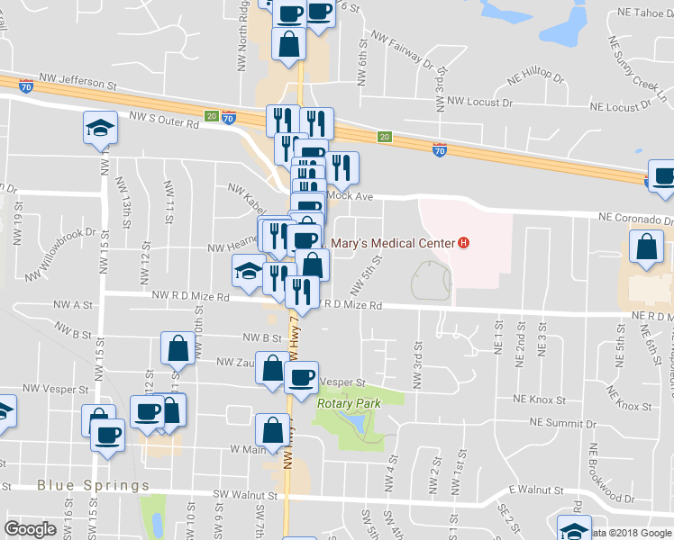 map of restaurants, bars, coffee shops, grocery stores, and more near 711 Northwest 6 Street in Blue Springs