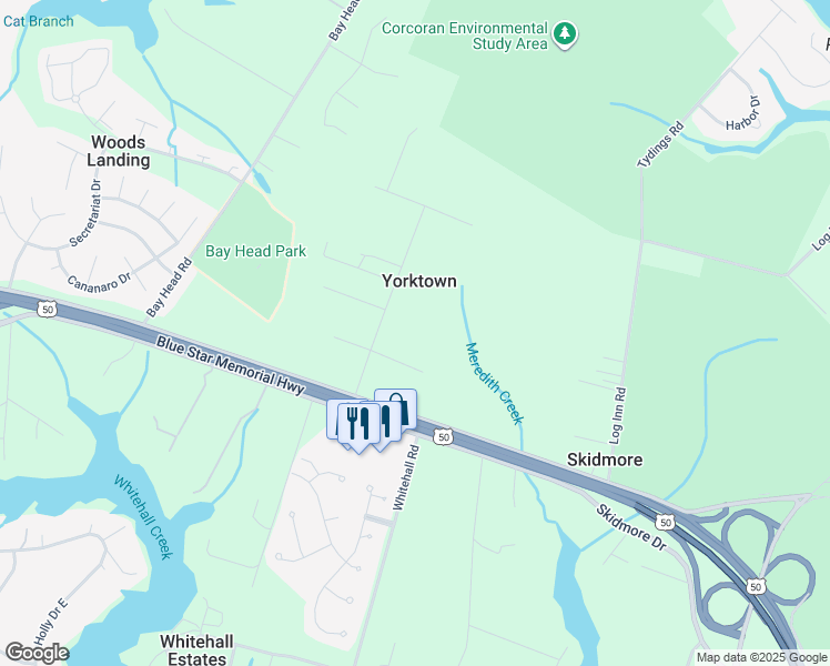map of restaurants, bars, coffee shops, grocery stores, and more near 1349 Yorktown Road in Annapolis