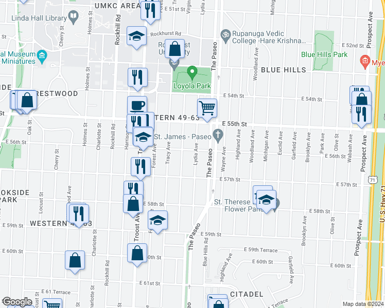 map of restaurants, bars, coffee shops, grocery stores, and more near 5604 Lydia Avenue in Kansas City