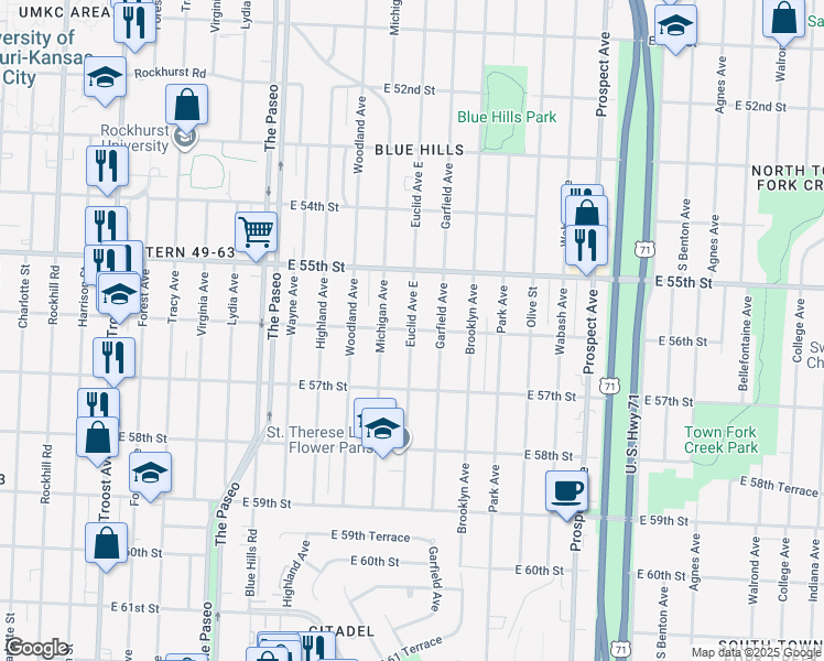 map of restaurants, bars, coffee shops, grocery stores, and more near Euclid Ave & E 56th St in Kansas City