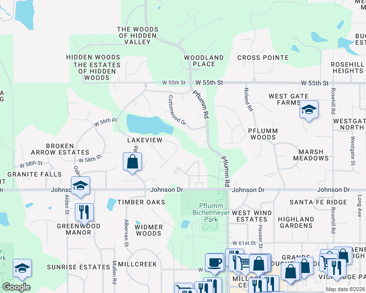 map of restaurants, bars, coffee shops, grocery stores, and more near 13813 West 57th Street in Shawnee