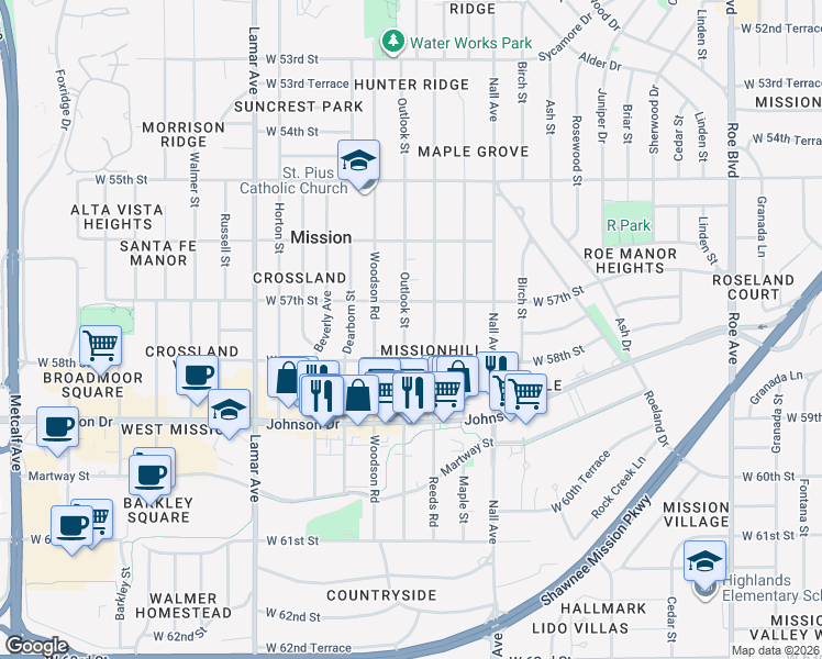 map of restaurants, bars, coffee shops, grocery stores, and more near 5803 West 57th Street in Mission