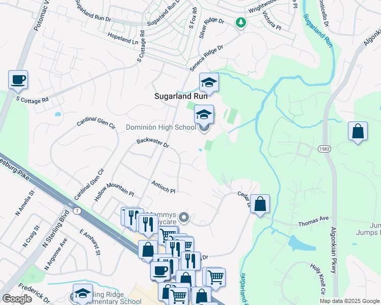 map of restaurants, bars, coffee shops, grocery stores, and more near 46947 Mossgrove Court in Sterling