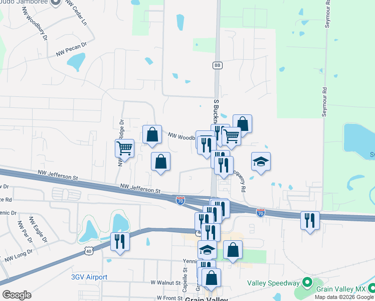 map of restaurants, bars, coffee shops, grocery stores, and more near 171 Northwest Woodbury Drive in Grain Valley