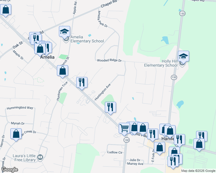 map of restaurants, bars, coffee shops, grocery stores, and more near 42 Huntington Avenue in Amelia