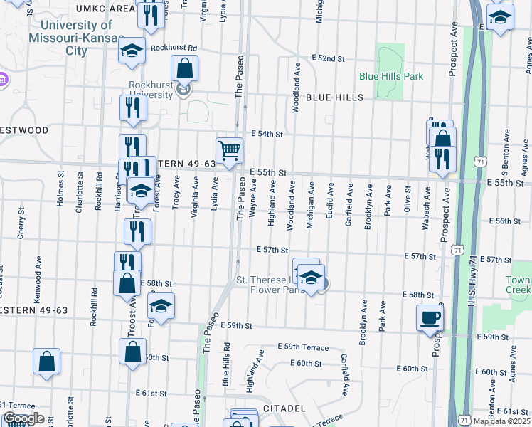 map of restaurants, bars, coffee shops, grocery stores, and more near 5538 Highland Avenue in Kansas City