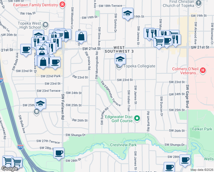 map of restaurants, bars, coffee shops, grocery stores, and more near 2316 Southwest Edgewater Terrace in Topeka