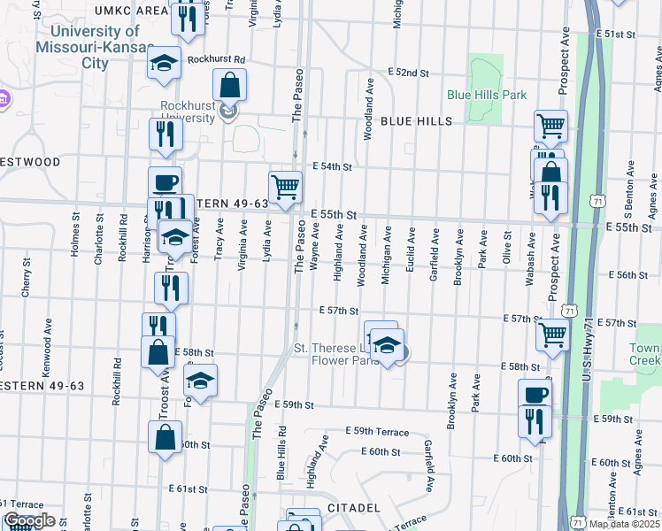 map of restaurants, bars, coffee shops, grocery stores, and more near 5538 Highland Avenue in Kansas City