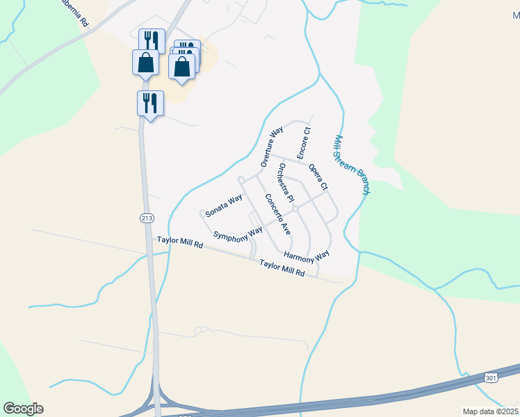 map of restaurants, bars, coffee shops, grocery stores, and more near 126 Harmony Way in Centreville