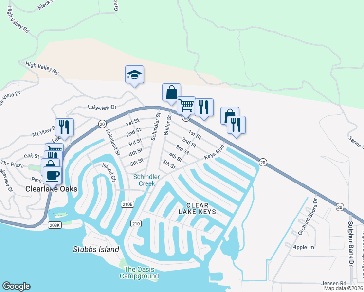 map of restaurants, bars, coffee shops, grocery stores, and more near 13182 3rd Street in Clearlake Oaks