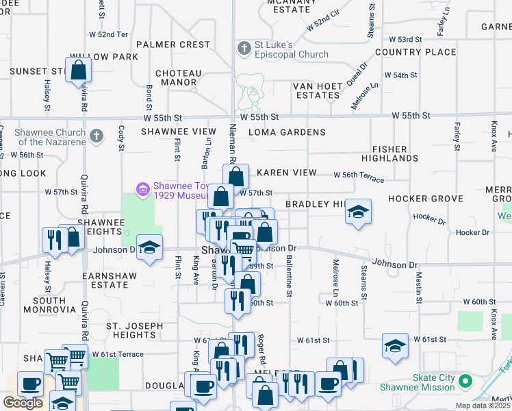 map of restaurants, bars, coffee shops, grocery stores, and more near 10913 West 57th Street in Shawnee