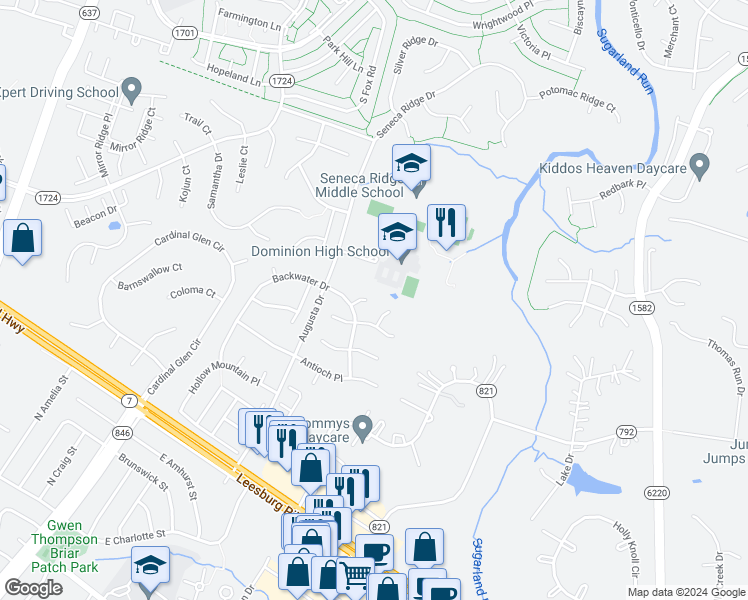 map of restaurants, bars, coffee shops, grocery stores, and more near 46947 Mossgrove Court in Sterling