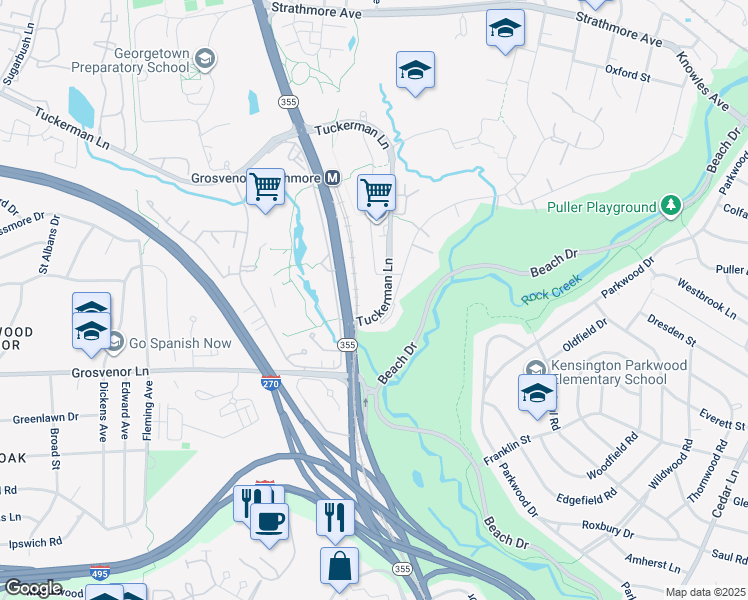map of restaurants, bars, coffee shops, grocery stores, and more near 5204 Tuckerman Lane in North Bethesda