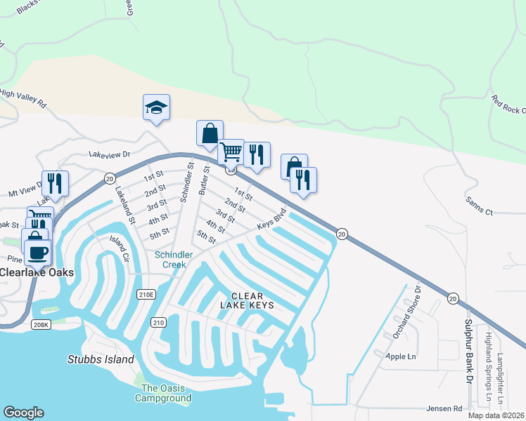 map of restaurants, bars, coffee shops, grocery stores, and more near 13331 1st Street in Clearlake Oaks