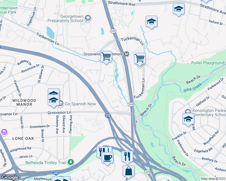 map of restaurants, bars, coffee shops, grocery stores, and more near 10301 Grosvenor Place in North Bethesda