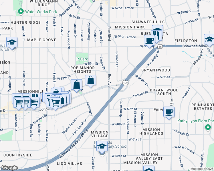 map of restaurants, bars, coffee shops, grocery stores, and more near 4330 Johnson Drive in Mission