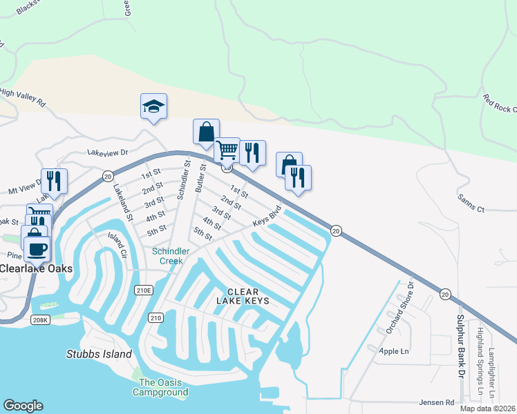 map of restaurants, bars, coffee shops, grocery stores, and more near 13331 1st Street in Clearlake Oaks
