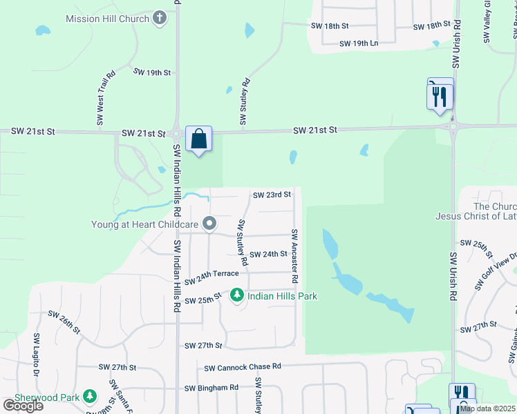 map of restaurants, bars, coffee shops, grocery stores, and more near 7338 Southwest 23rd Court in Topeka