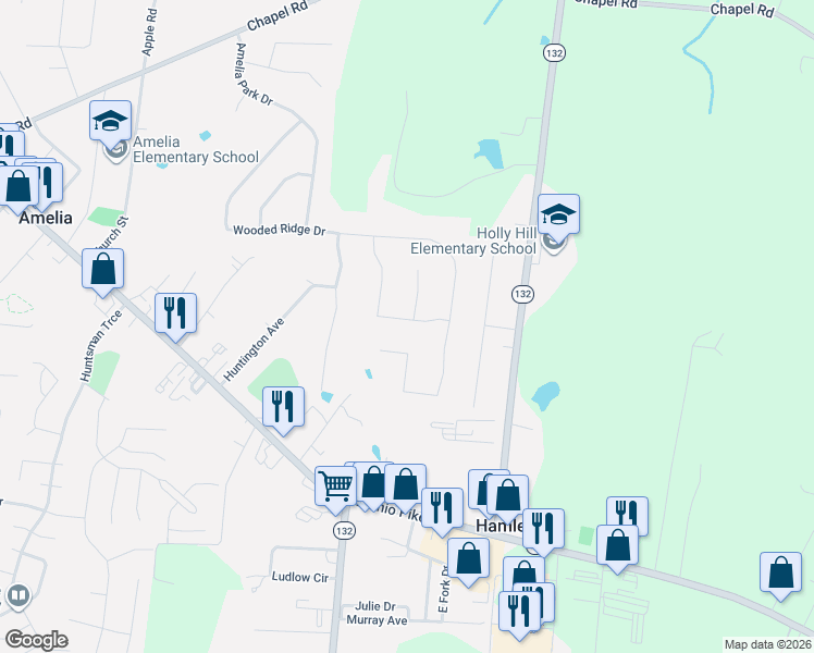 map of restaurants, bars, coffee shops, grocery stores, and more near 45 Charmalee Drive in Amelia