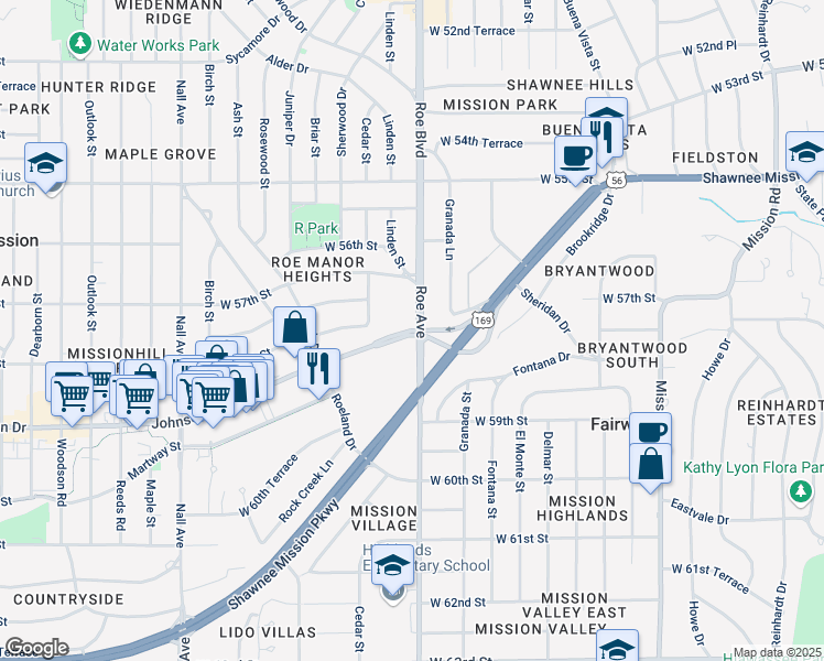 map of restaurants, bars, coffee shops, grocery stores, and more near 4330 Johnson Drive in Mission
