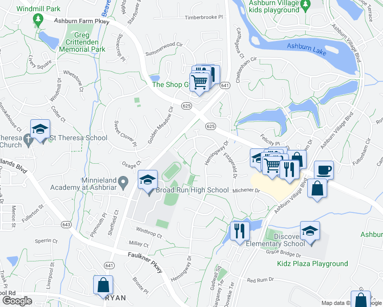 map of restaurants, bars, coffee shops, grocery stores, and more near 21372 Twain Terrace in Ashburn