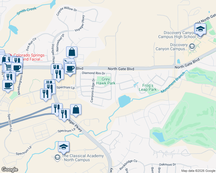 map of restaurants, bars, coffee shops, grocery stores, and more near 961 Spectrum Loop in Colorado Springs