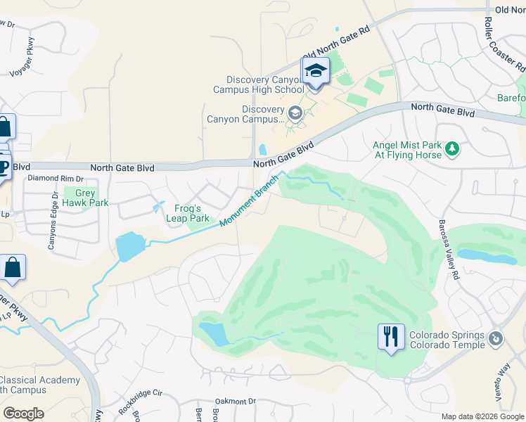 map of restaurants, bars, coffee shops, grocery stores, and more near 1615 Silversmith Road in Colorado Springs