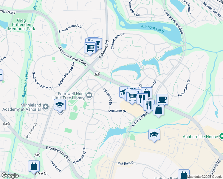 map of restaurants, bars, coffee shops, grocery stores, and more near 21374 Hansberry Terrace in Ashburn