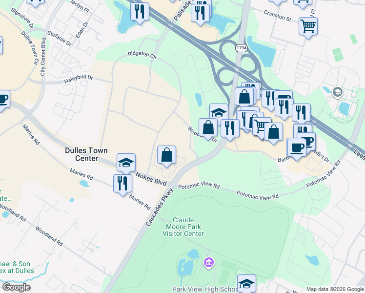 map of restaurants, bars, coffee shops, grocery stores, and more near 21351 Gentry Drive in Sterling