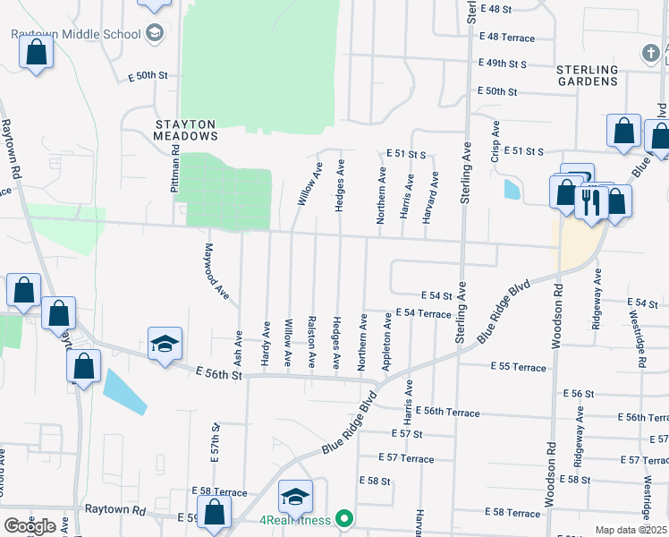 map of restaurants, bars, coffee shops, grocery stores, and more near 5312 Hedges Avenue in Raytown