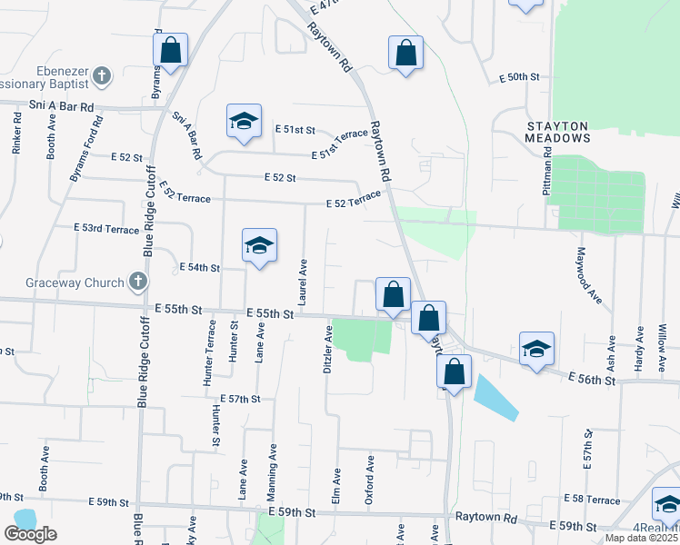 map of restaurants, bars, coffee shops, grocery stores, and more near 9224 East 54th Street in Raytown