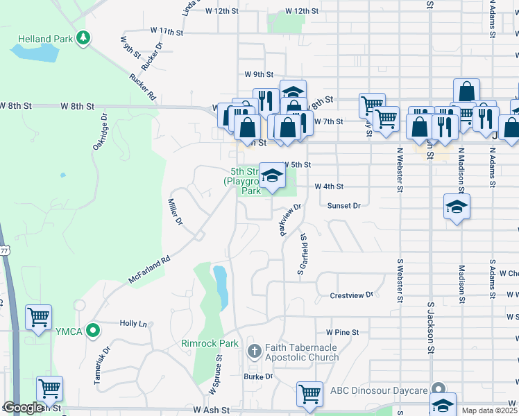 map of restaurants, bars, coffee shops, grocery stores, and more near 300 Lincoln School Drive in Junction City