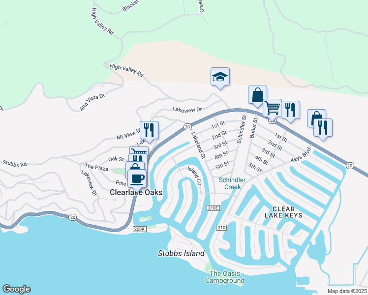 map of restaurants, bars, coffee shops, grocery stores, and more near 12762 Shoreview Drive in Clearlake Oaks