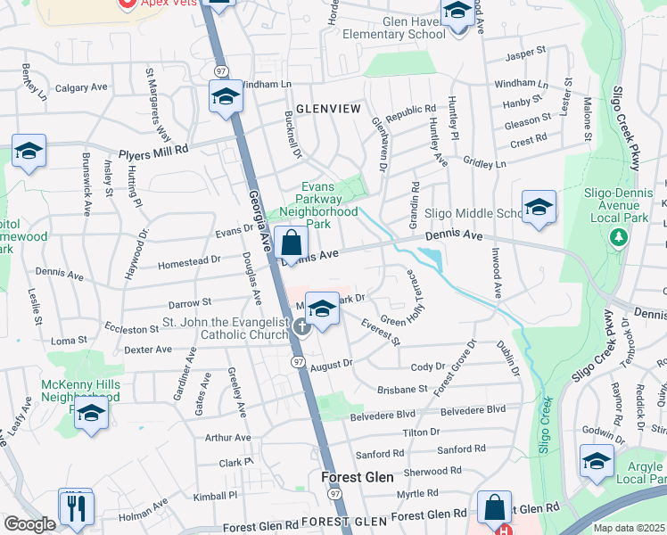 map of restaurants, bars, coffee shops, grocery stores, and more near 2000 Dennis Avenue in Silver Spring