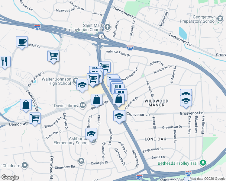 map of restaurants, bars, coffee shops, grocery stores, and more near 10323 Old Georgetown Road in Bethesda
