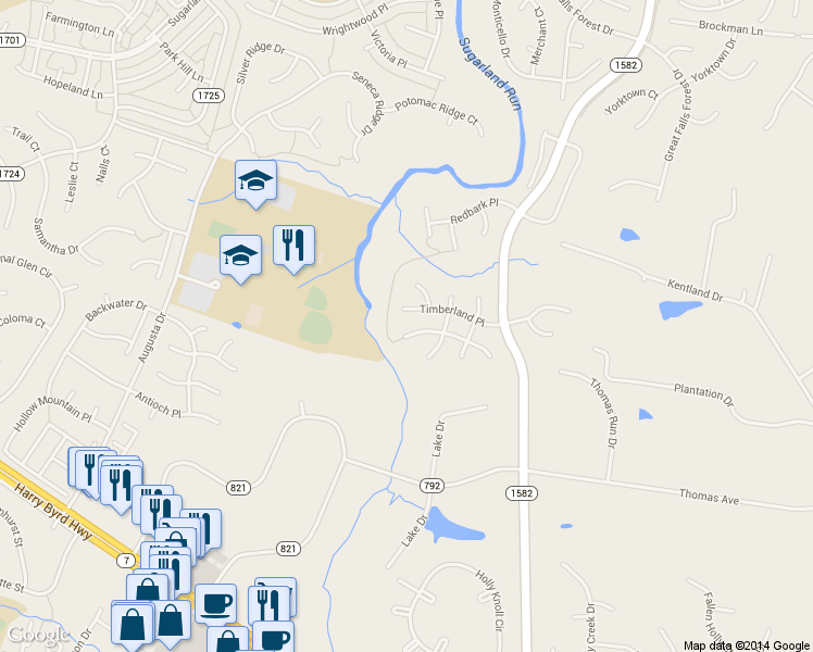 map of restaurants, bars, coffee shops, grocery stores, and more near 47178 Brasswood Pl in Sterling