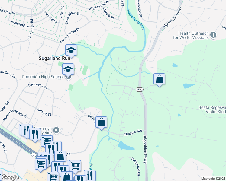 map of restaurants, bars, coffee shops, grocery stores, and more near 47178 Brasswood Pl in Sterling