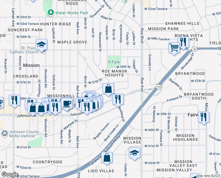 map of restaurants, bars, coffee shops, grocery stores, and more near 5711 Ash Drive in Roeland Park