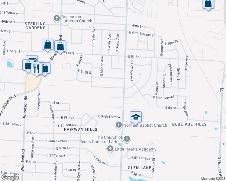 map of restaurants, bars, coffee shops, grocery stores, and more near 12409 East 53rd Street in Kansas City