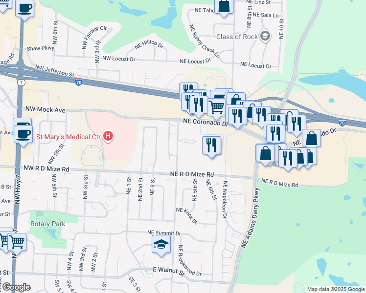 map of restaurants, bars, coffee shops, grocery stores, and more near 808 Northeast Sunnyside School Road in Blue Springs