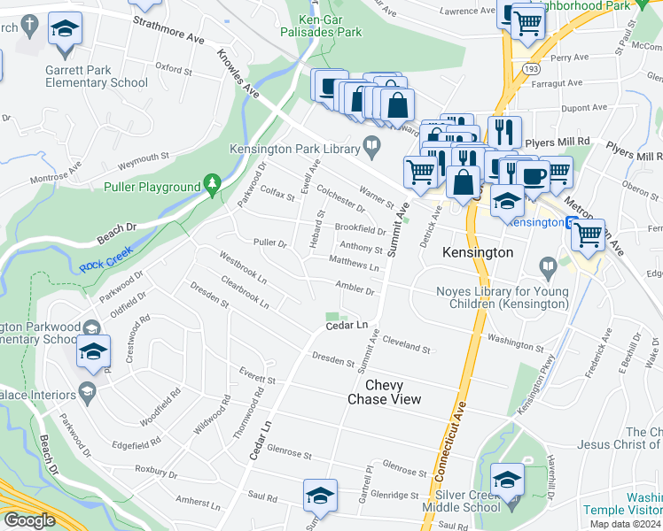map of restaurants, bars, coffee shops, grocery stores, and more near 4300 Matthews Lane in Kensington