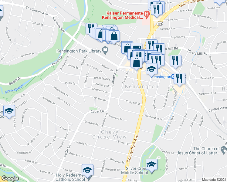 map of restaurants, bars, coffee shops, grocery stores, and more near 10315 Summit Avenue in Kensington