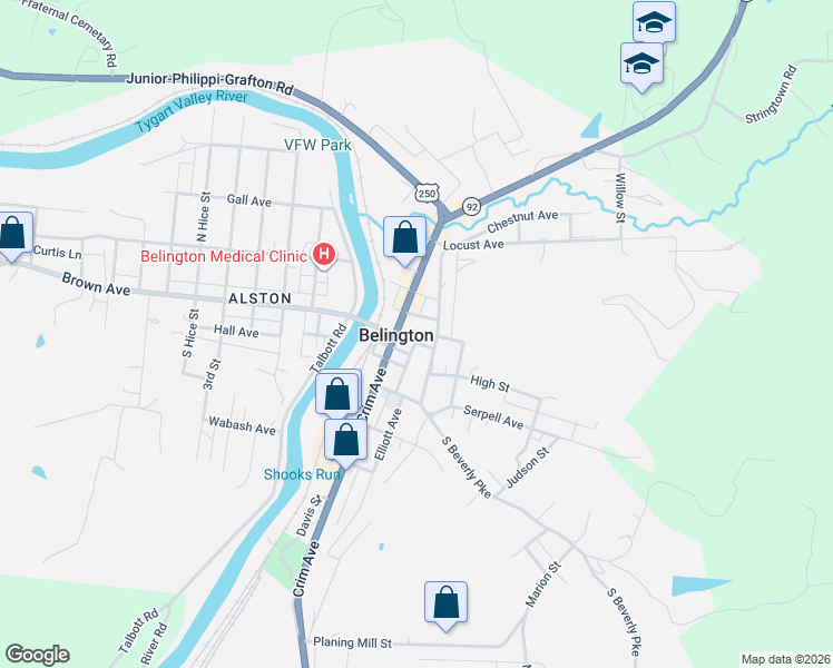 map of restaurants, bars, coffee shops, grocery stores, and more near 20 North Crim Avenue in Belington