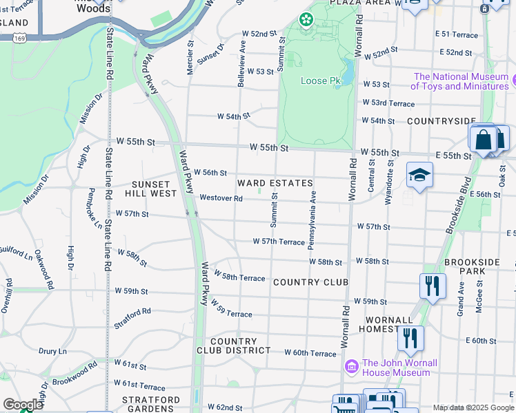 map of restaurants, bars, coffee shops, grocery stores, and more near 836 Westover Road in Kansas City