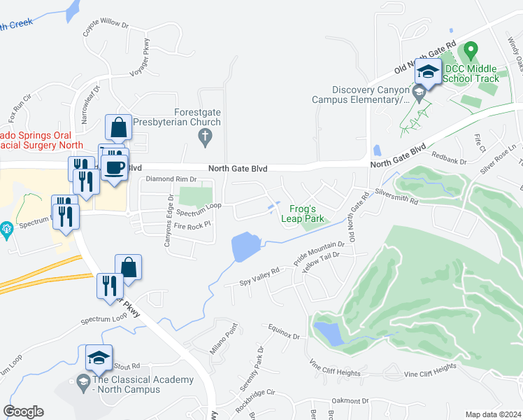 map of restaurants, bars, coffee shops, grocery stores, and more near 1174 Crystal Basin Drive in Colorado Springs