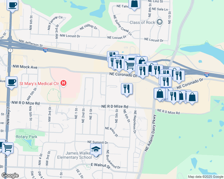 map of restaurants, bars, coffee shops, grocery stores, and more near 808 Northeast Sunnyside School Road in Blue Springs